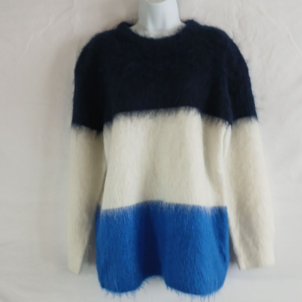 H & M women sweater color block black white blue round neck sz xs woolblend
